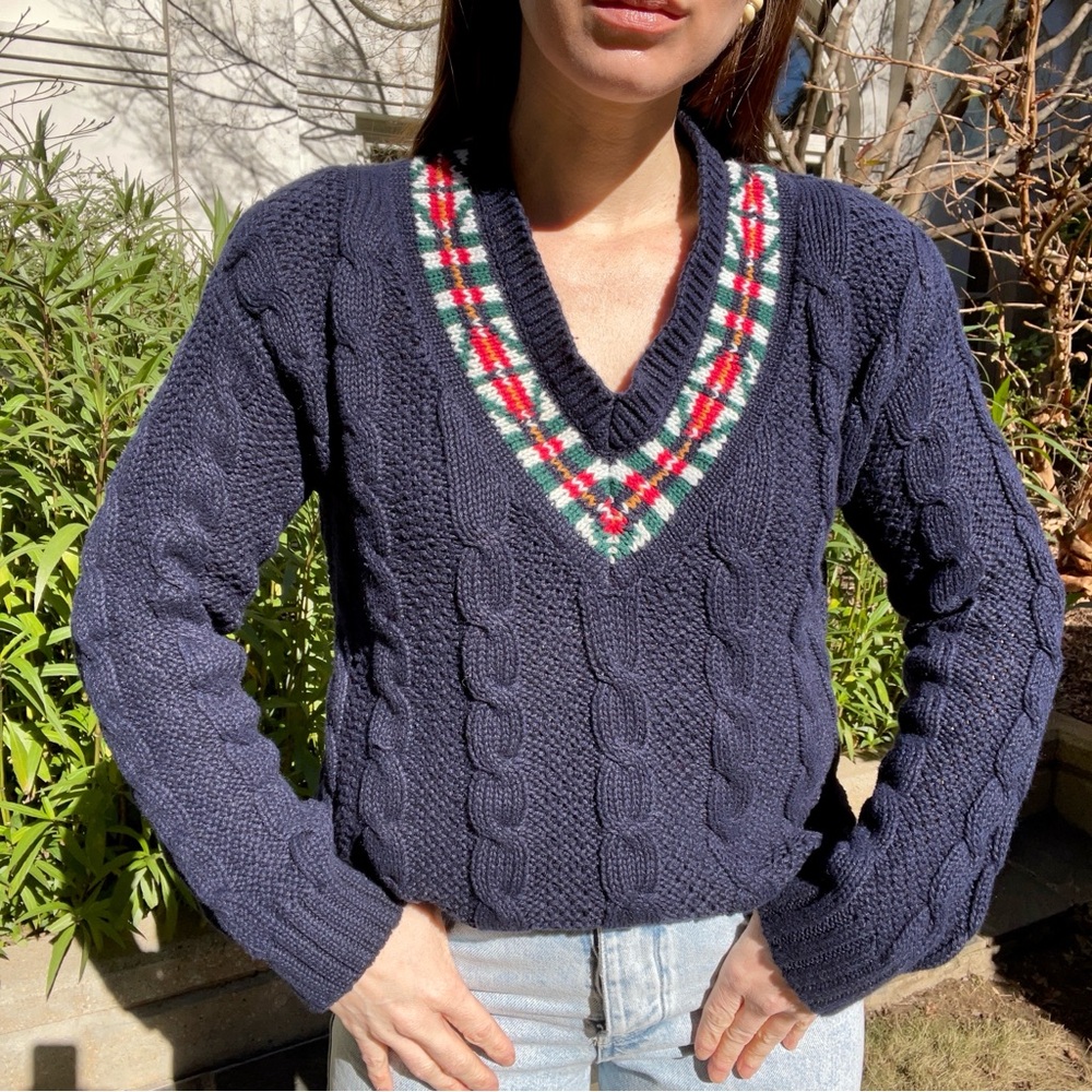 Vintage navy blue plaid cable sweater